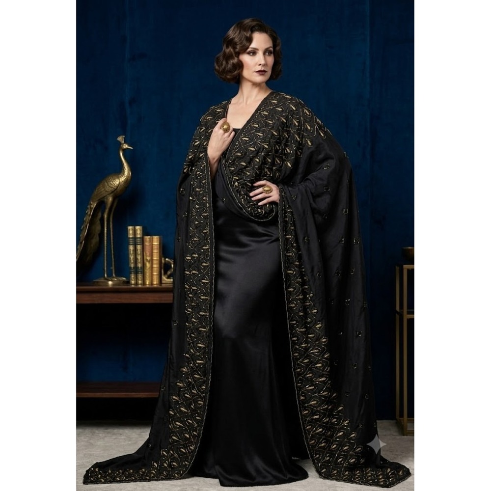 Vintage Silk Hand Beaded Peacock Motif Shawl Wrap Black Gold Metallic Georgette